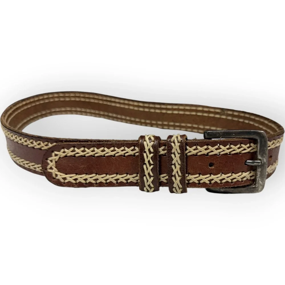 Vintage Brown Leather Whipstitch Belt Brass Buckle Boho Western 36 Inch